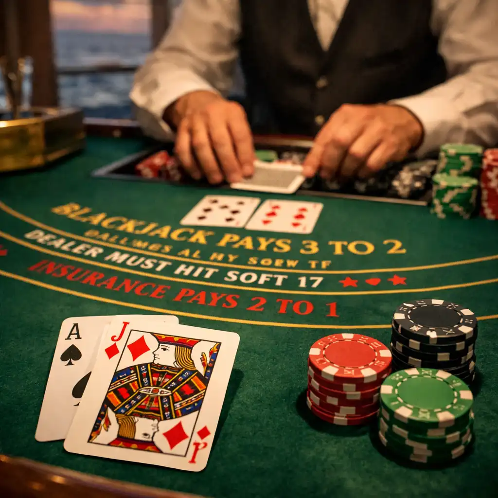 Blackjack table with cards and chips on green felt from a player's perspective