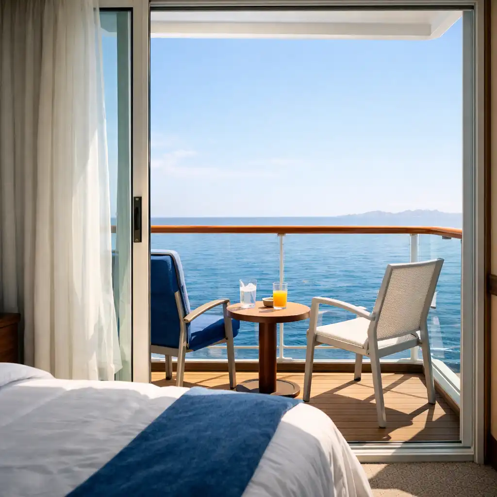 Balcony cabin with open door overlooking a calm sea