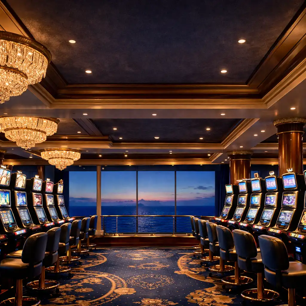 Luxurious cruise ship casino floor at night with slot machines and elegant chandeliers
