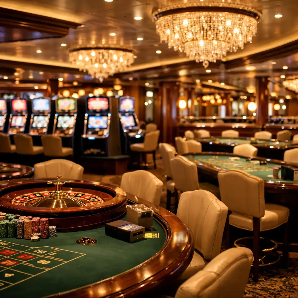 Elegant casino interior on a cruise ship with slot machines and gaming tables