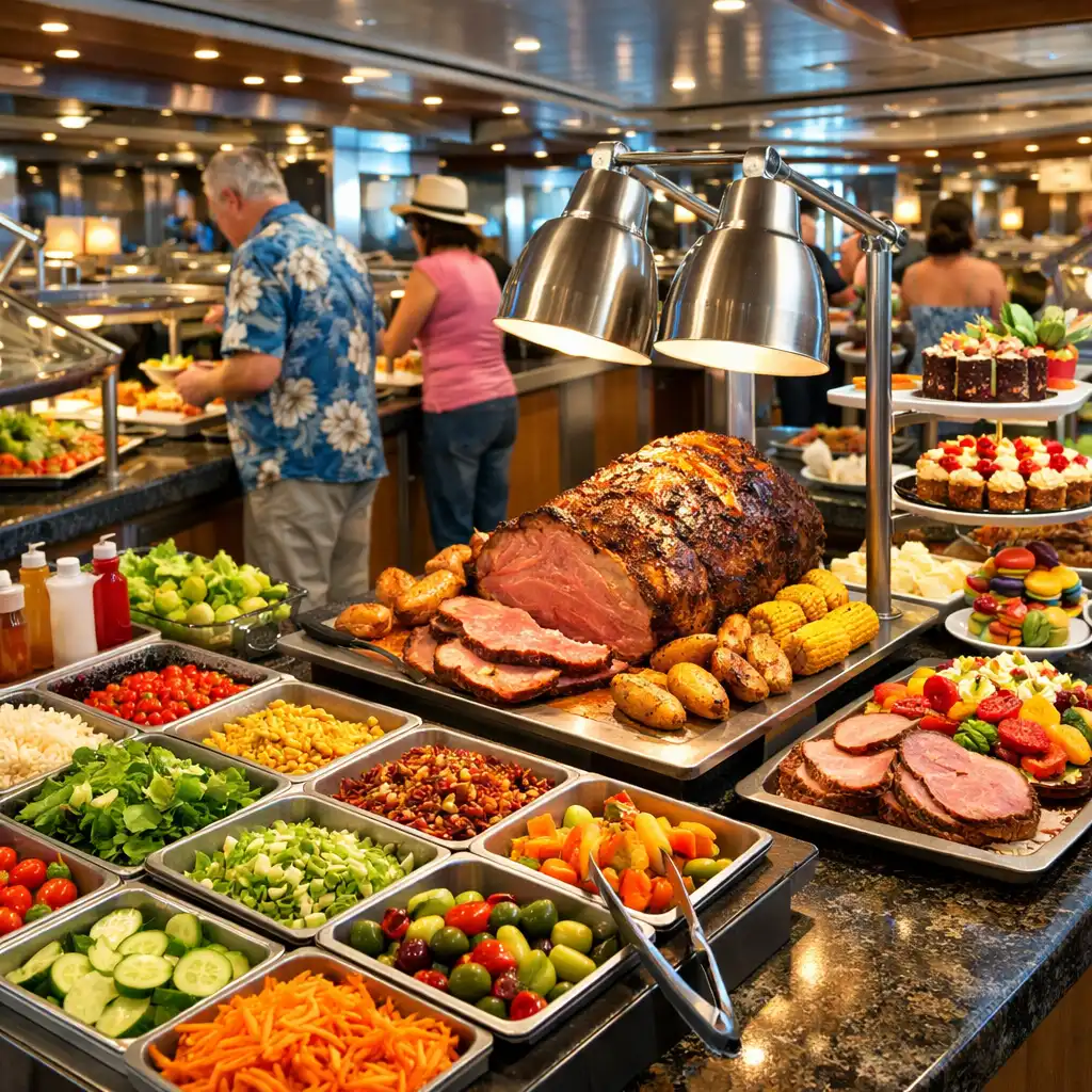 Vibrant cruise ship buffet with salad bar, carving station, and dessert display