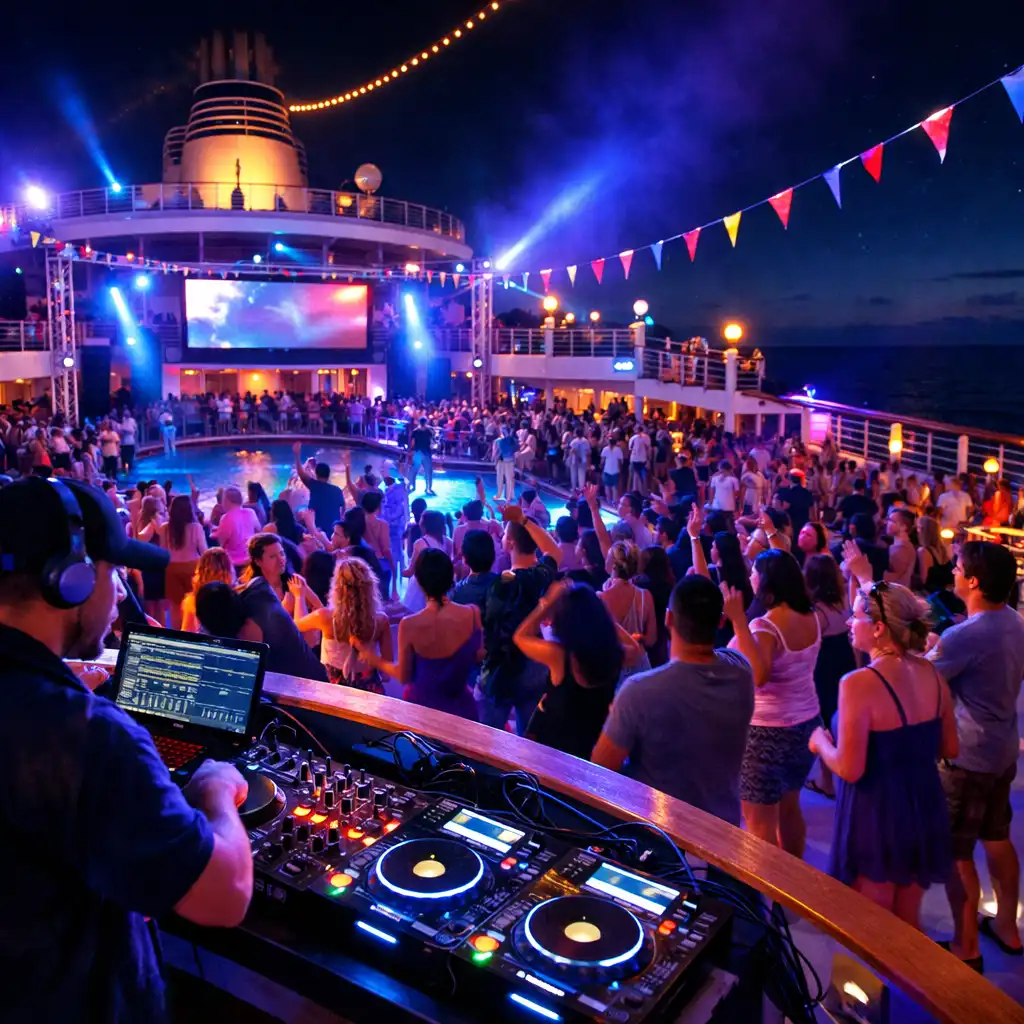 Nighttime deck party on a cruise ship with colourful lights and dancing