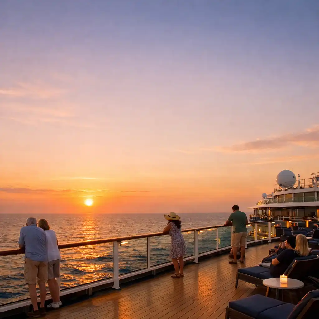 Cruise ship deck at sunset with passengers enjoying the ocean view