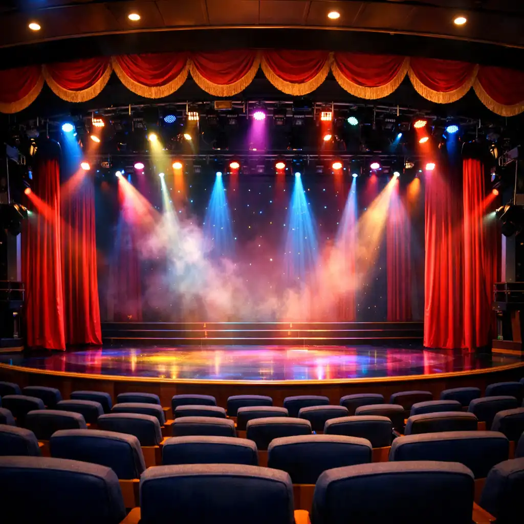 Cruise ship theatre with a lit stage, red curtains and rows of seats
