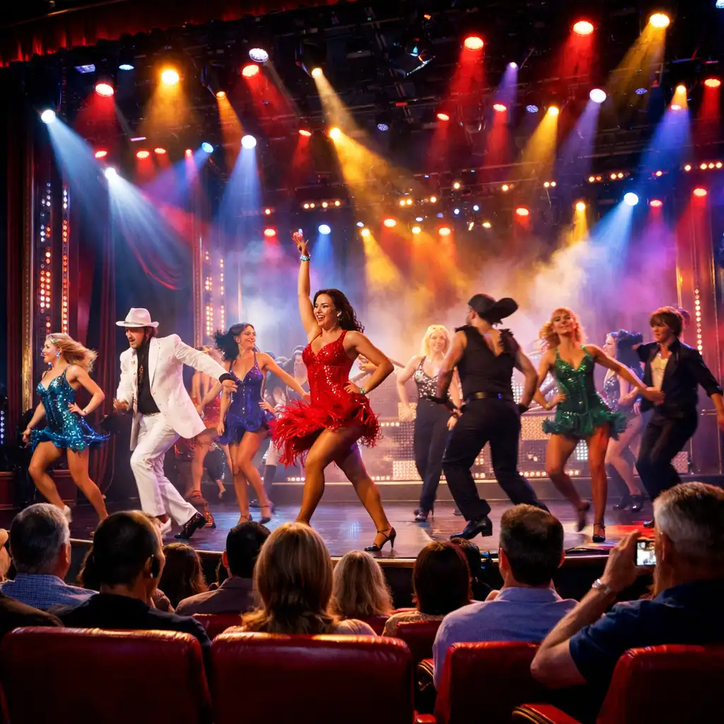 Cruise ship theatre during a live performance with colourful stage lights