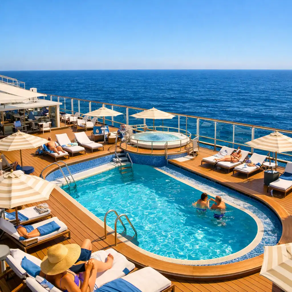 Luxurious cruise ship pool deck with loungers, umbrellas and ocean views