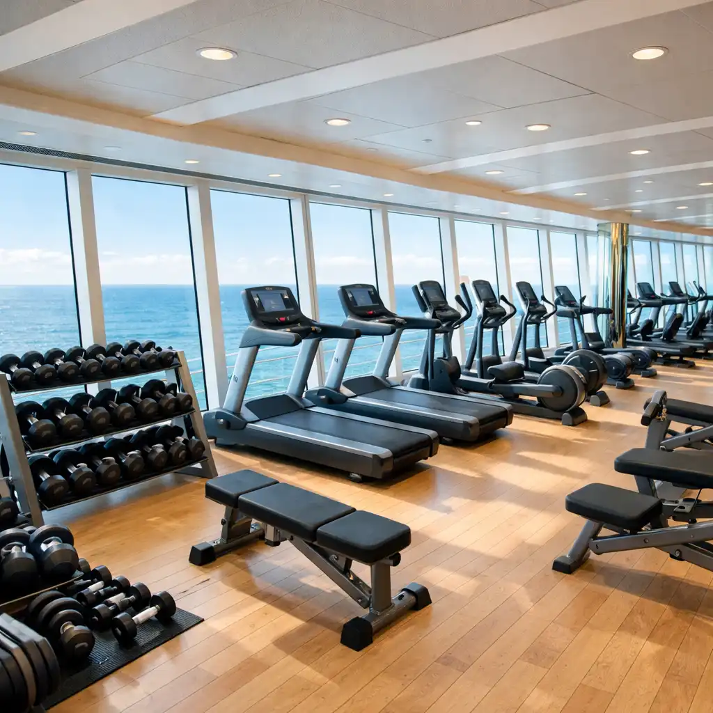 Modern cruise ship fitness centre with rows of cardio machines facing floor-to-ceiling windows overlooking the sea