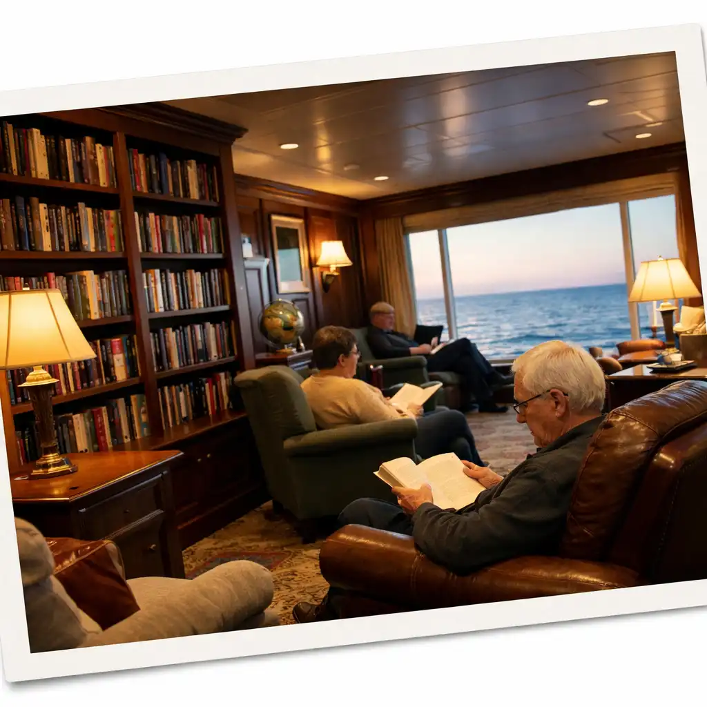 Cozy library lounge on a cruise ship with bookshelves, armchairs, warm lighting, and an ocean view