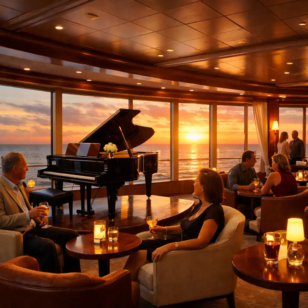 Elegant cruise ship lounge with panoramic ocean windows and a grand piano