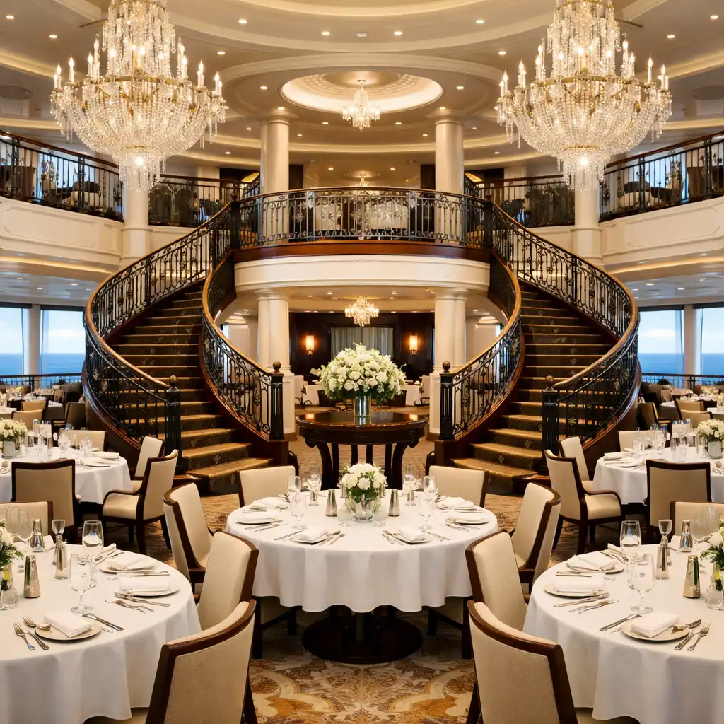 Elegant cruise ship main dining room with white tablecloths, crystal chandeliers, and a grand central staircase