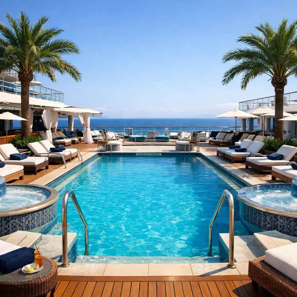 Luxurious pool area on a cruise ship with loungers and ocean views