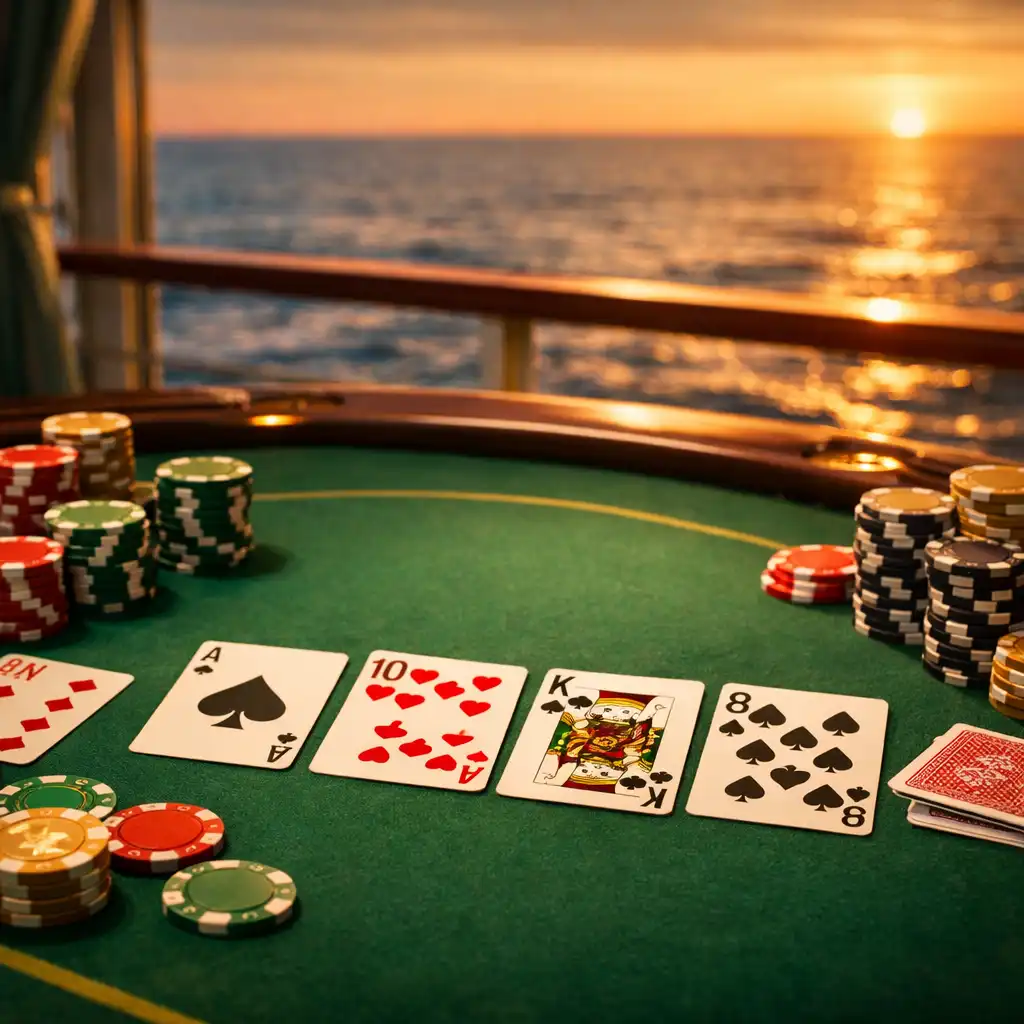 A close-up view of a physical poker table on a cruise ship with green felt, playing cards, and stacks of colourful chips, set near a window with an ocean sunset