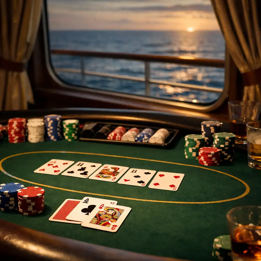 Poker table with chips and cards near a window with an ocean view