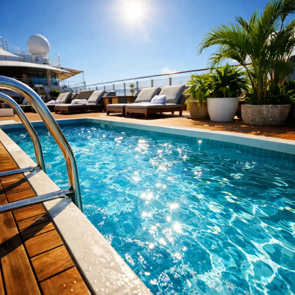 Close-up of a cruise ship pool with crystal-clear water, teak decking, and modern loungers
