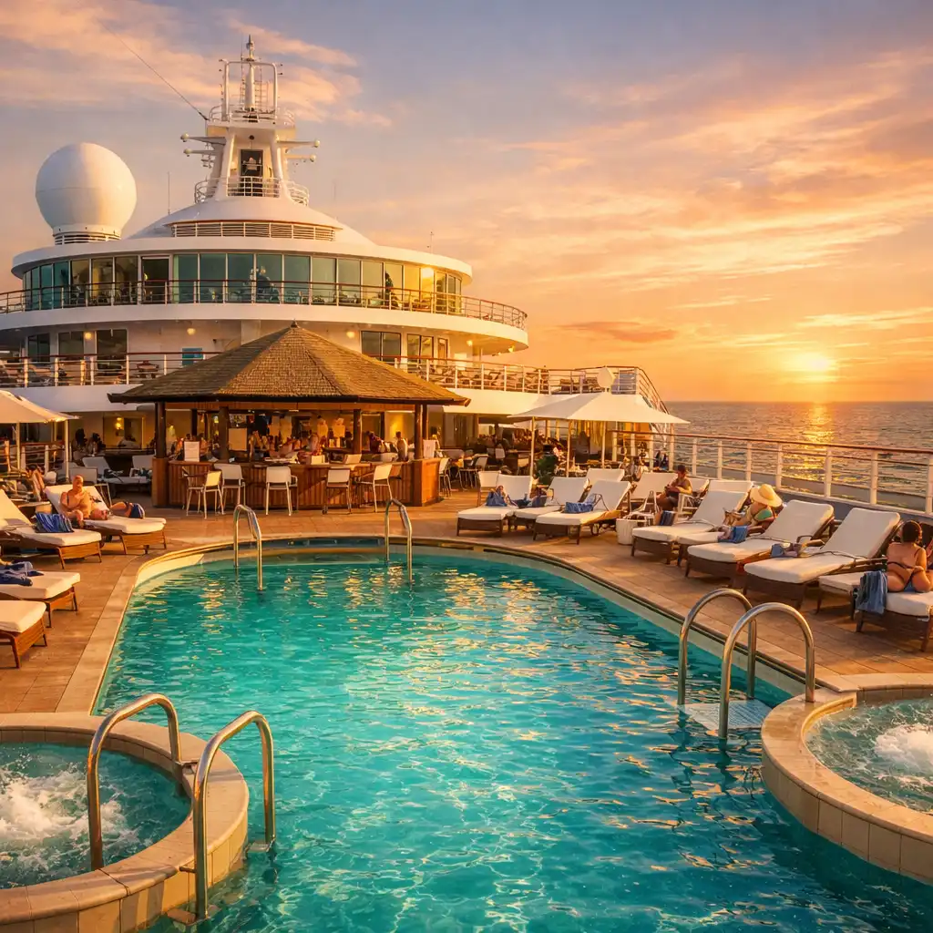 Cruise ship pool deck at golden hour with turquoise water, white loungers, and ocean horizon
