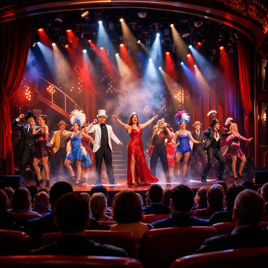 Performers on a cruise ship theatre stage during a Broadway-style show