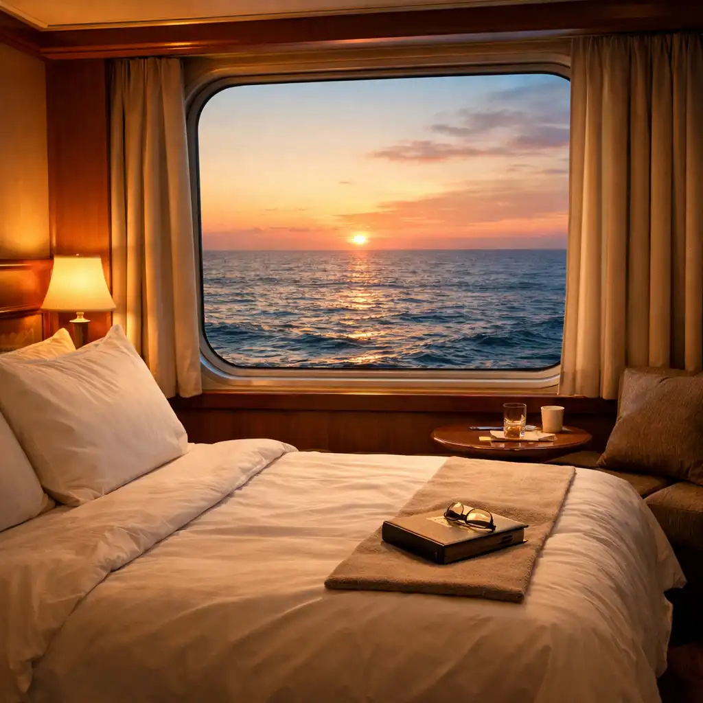 Cosy cruise ship cabin with a large ocean-view window and neatly made bed