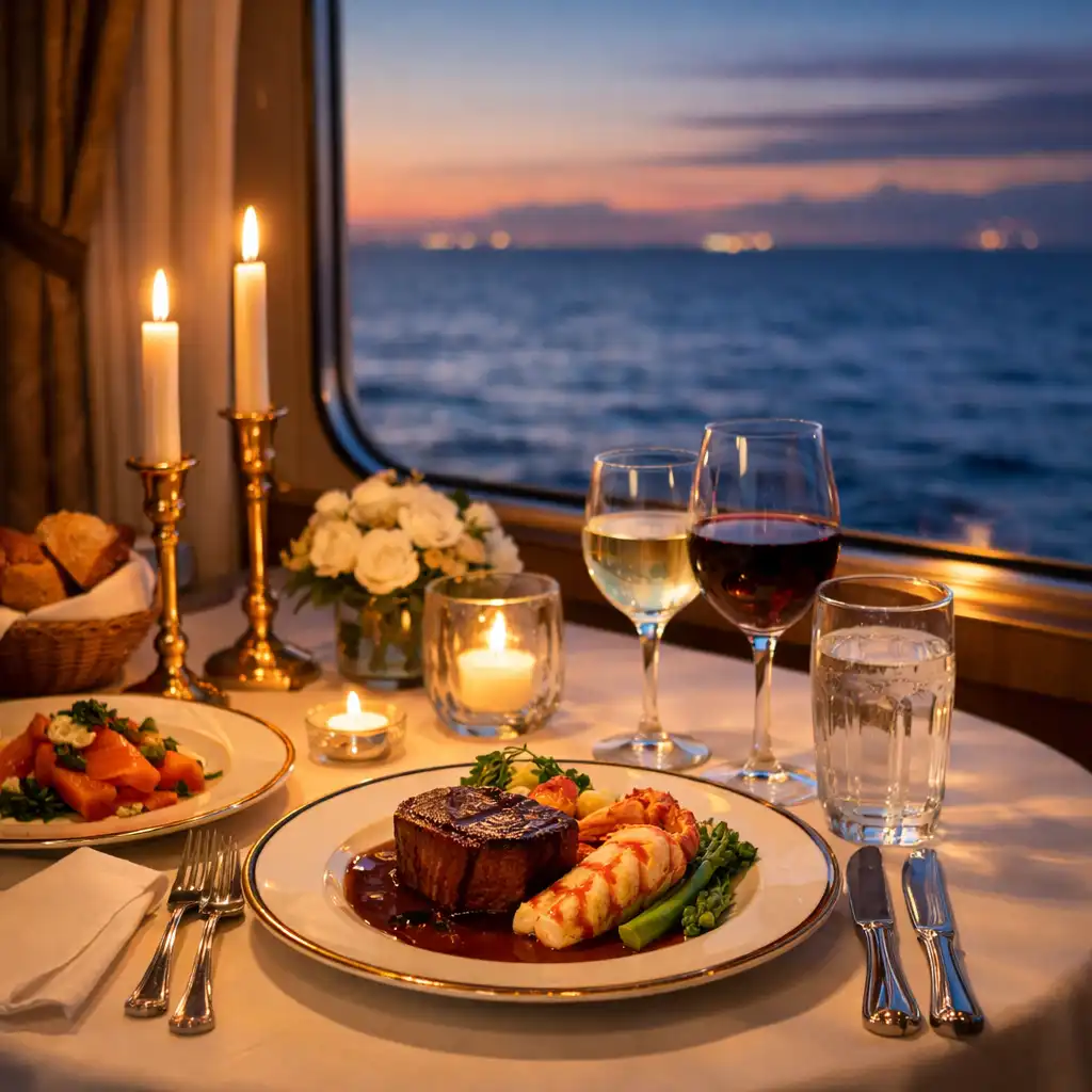 Elegant dining table set with fine china and crystal glasses near a window at dusk