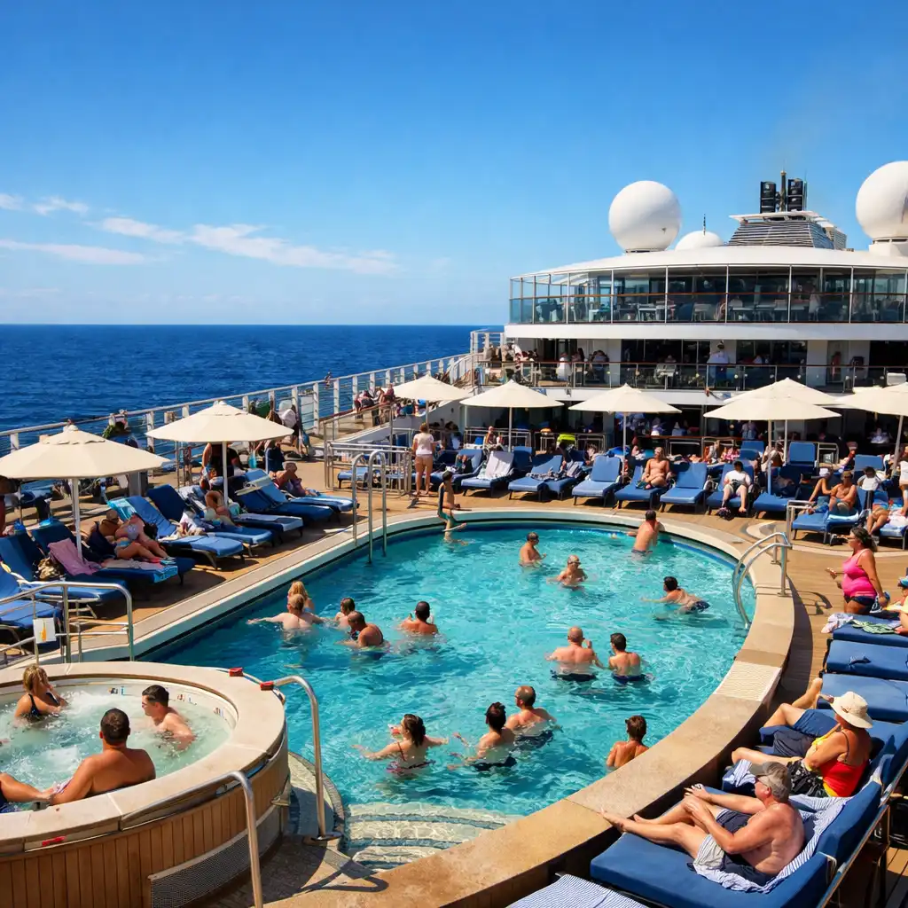Passengers enjoying the pool deck of a modern cruise ship