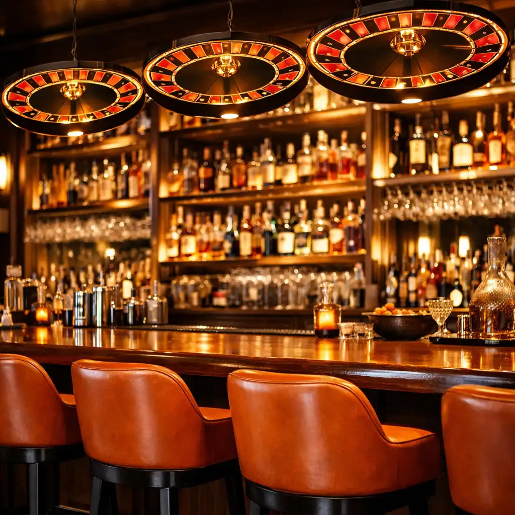 The Wonderstar s. r. o. bar with backlit shelves and burnt-orange leather stools