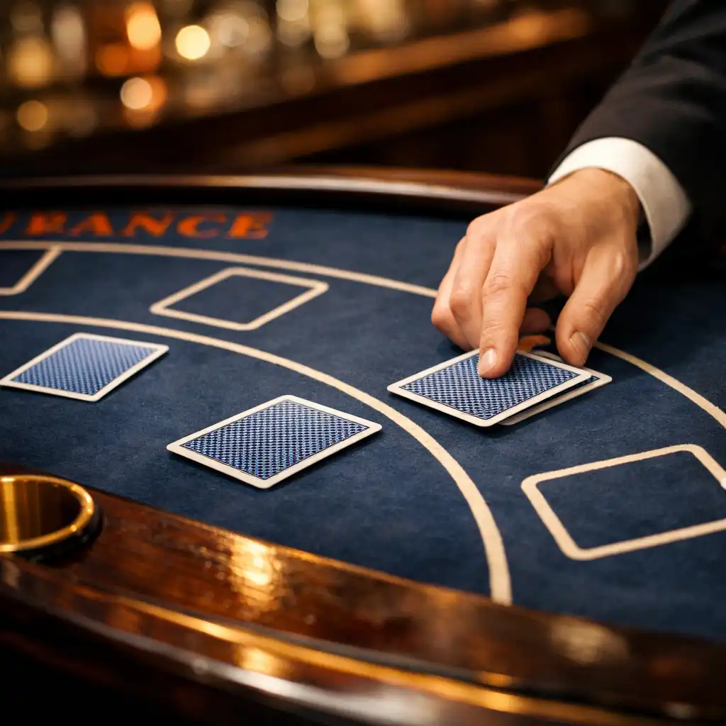 Close-up of a blackjack table with cards and dealer's hand