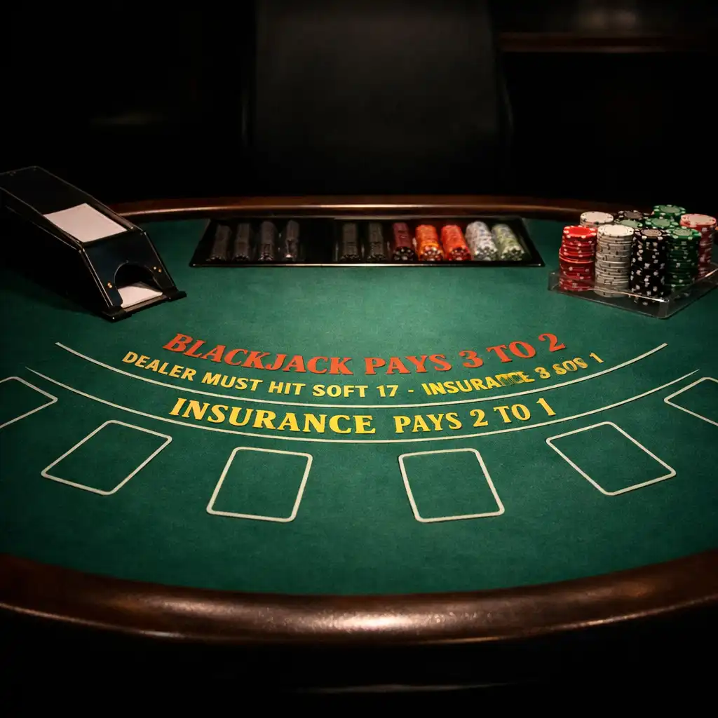 Blackjack table with semi-circular design, green felt, card shoe, and chips