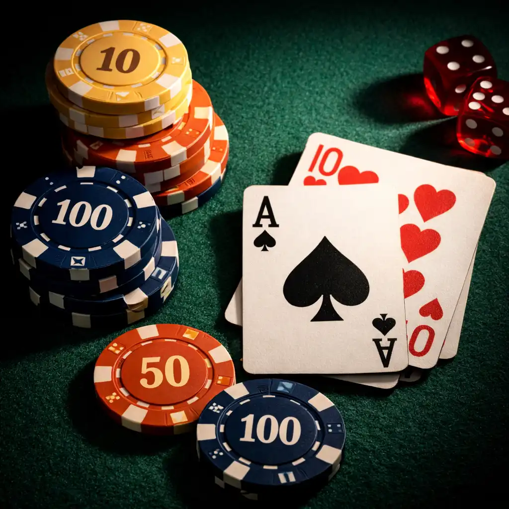 Poker chips and playing cards arranged diagonally on a green felt table