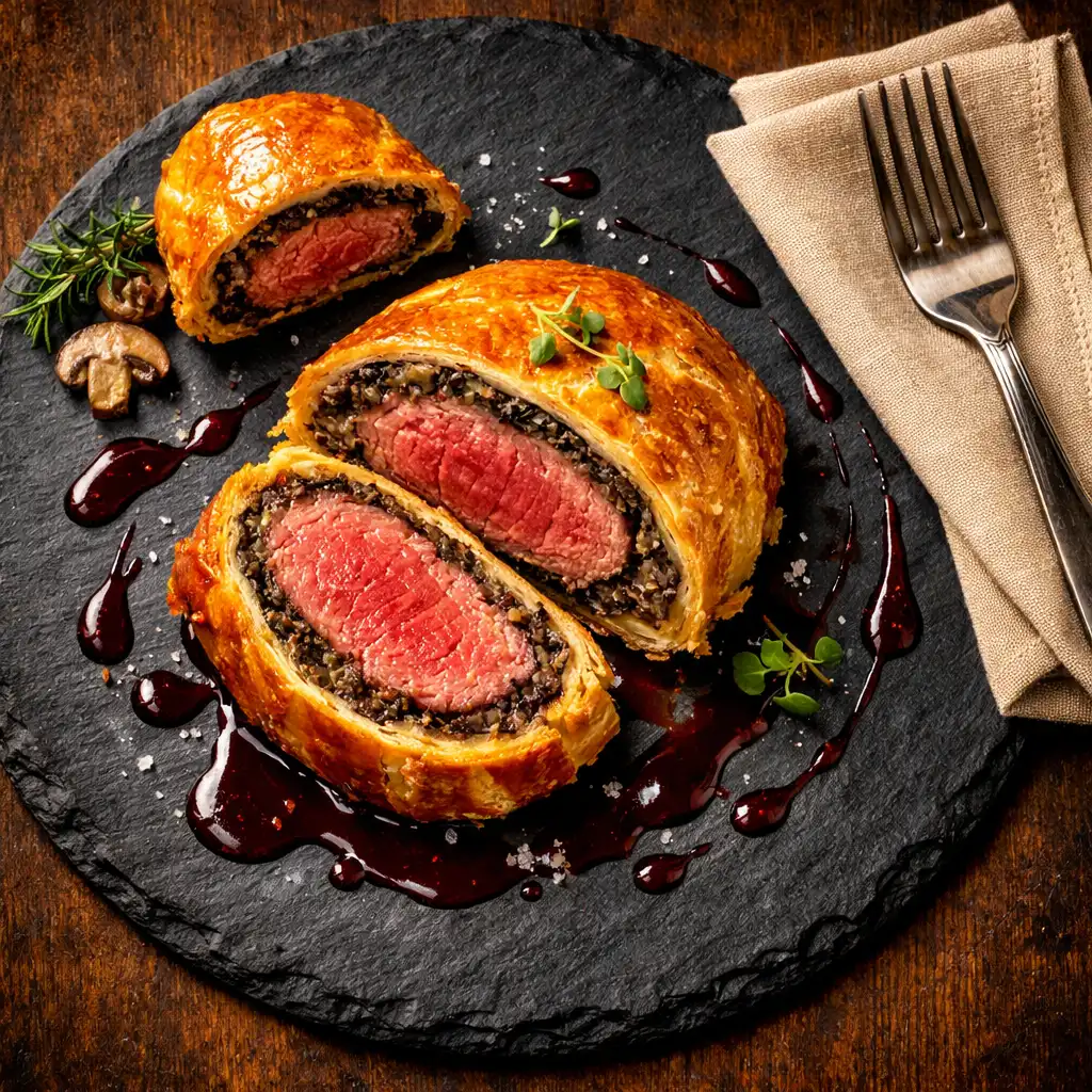 Beef wellington with golden pastry crust served on a dark slate plate