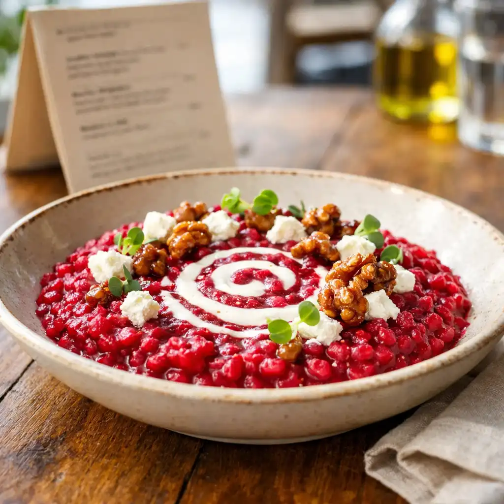 Beetroot risotto with goat cheese and candied walnuts in a shallow bowl