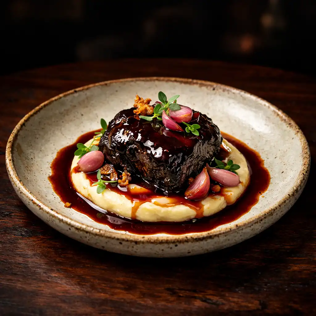 Slow-braised wagyu beef cheek on smoked potato purée with pickled shallots and red wine jus
