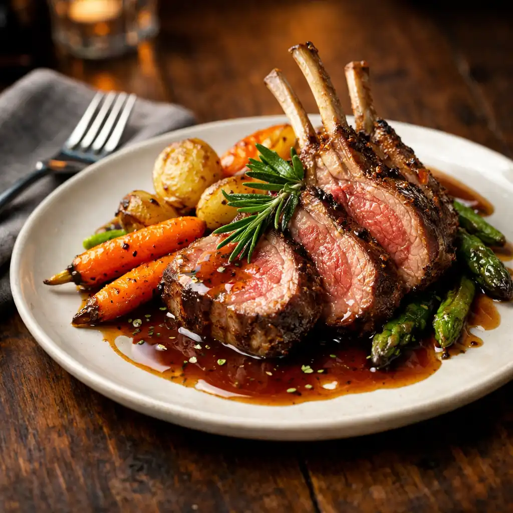 A beautifully plated lamb dish with rosemary jus and roasted vegetables on a dark wooden table