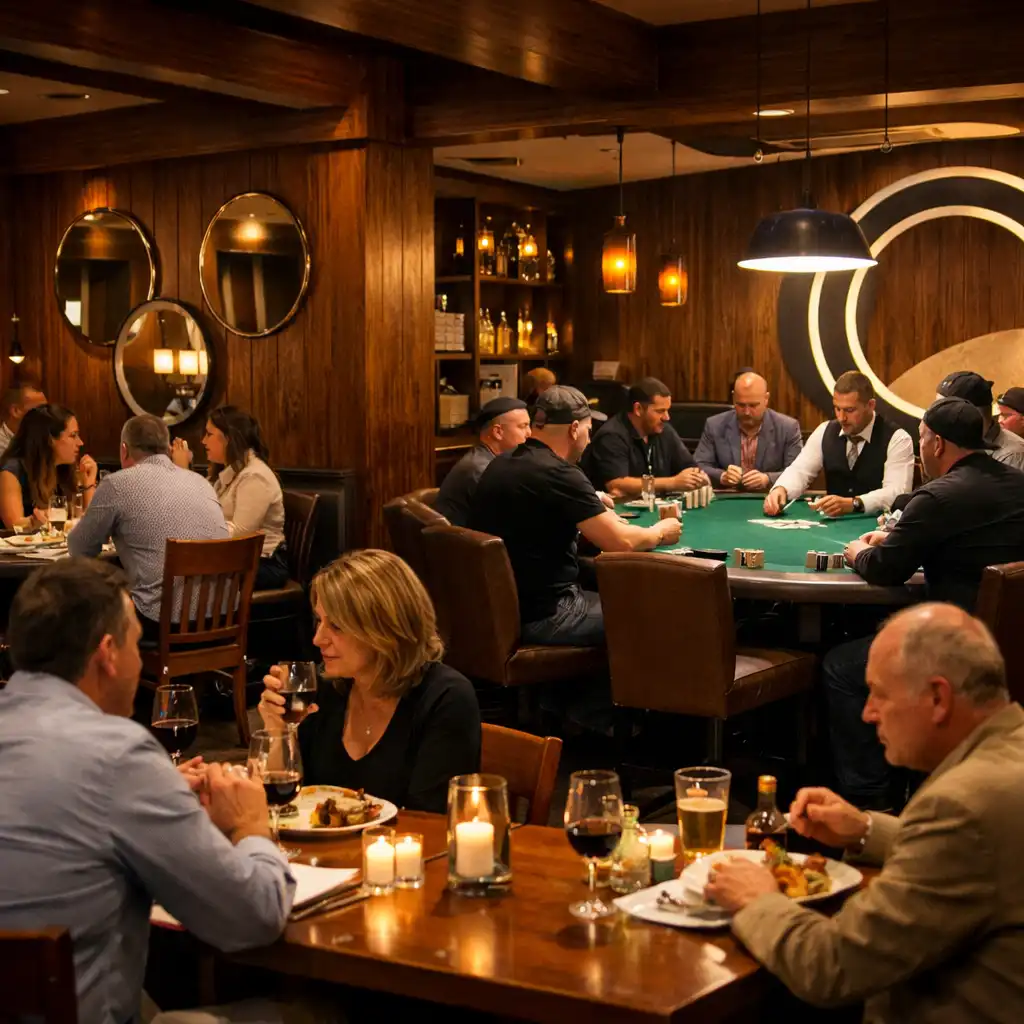 Restaurant dining area adjacent to a poker table at Wonderstar s. r. o., showing guests enjoying a meal while a poker game is set up in the background