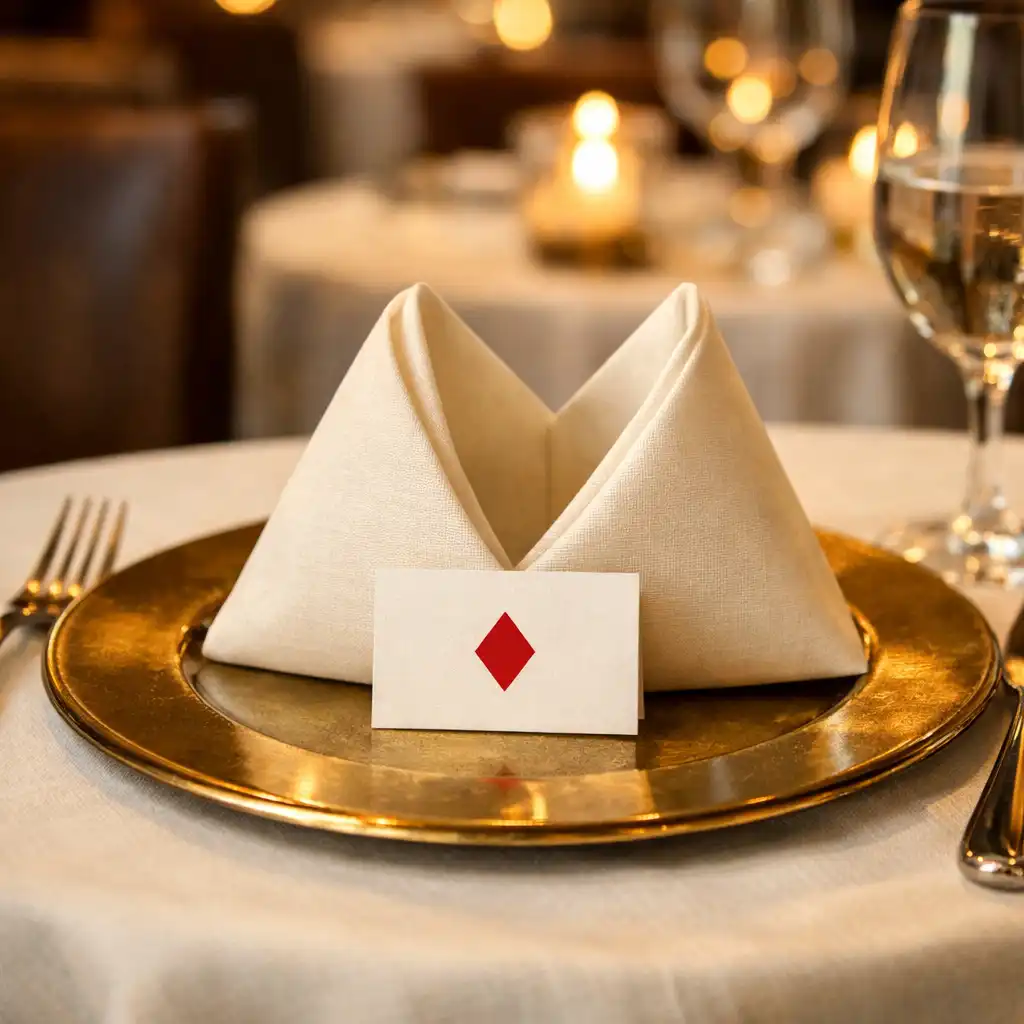 Close-up of a table setting with folded napkin and brass charger plate at Wonderstar s. r. o.