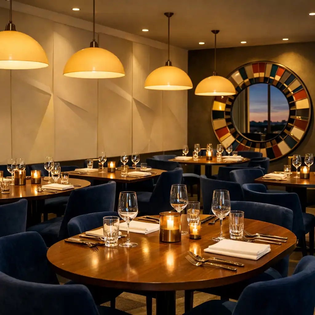 Wide-angle view of the Wonderstar s. r. o. dining room at dusk with warm pendant lights and midnight-blue chairs