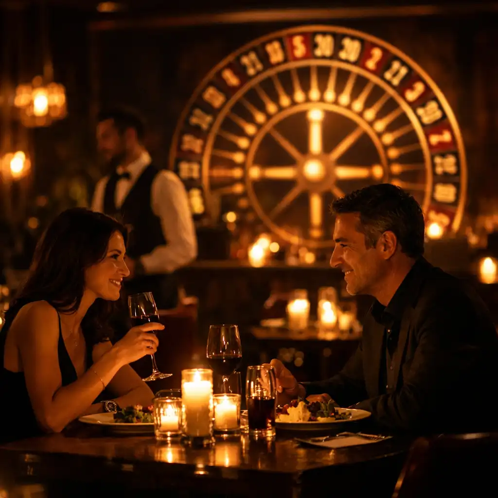Restaurant at night with dimmed lights, candles, and a couple enjoying a meal