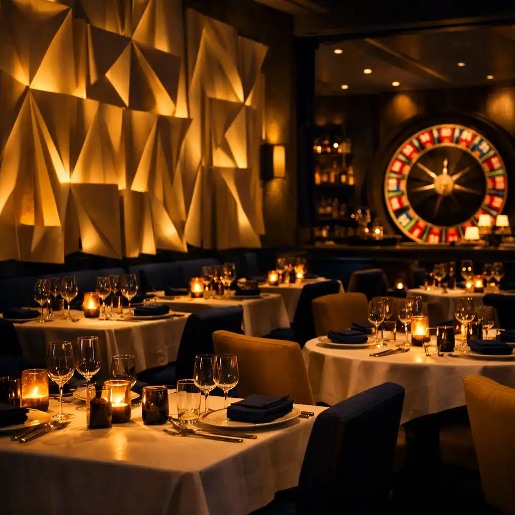 Evening view of the dining room with dimmed lights and warm accent lighting
