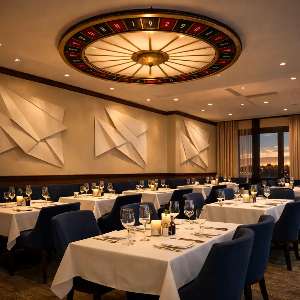Main dining room with white tablecloths, midnight blue chairs, and a roulette-wheel-inspired light fixture