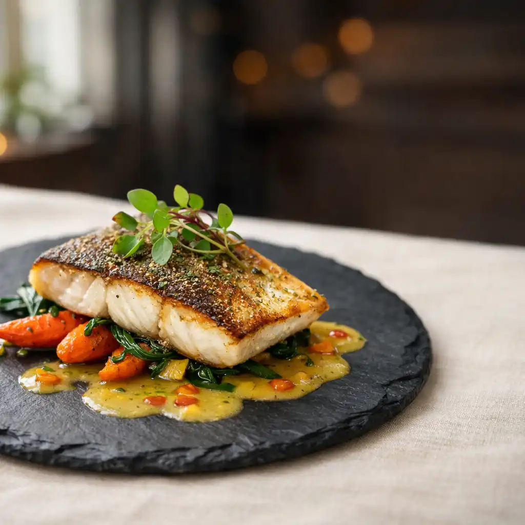 Seared barramundi with native herbs and lemon butter sauce on a dark slate plate