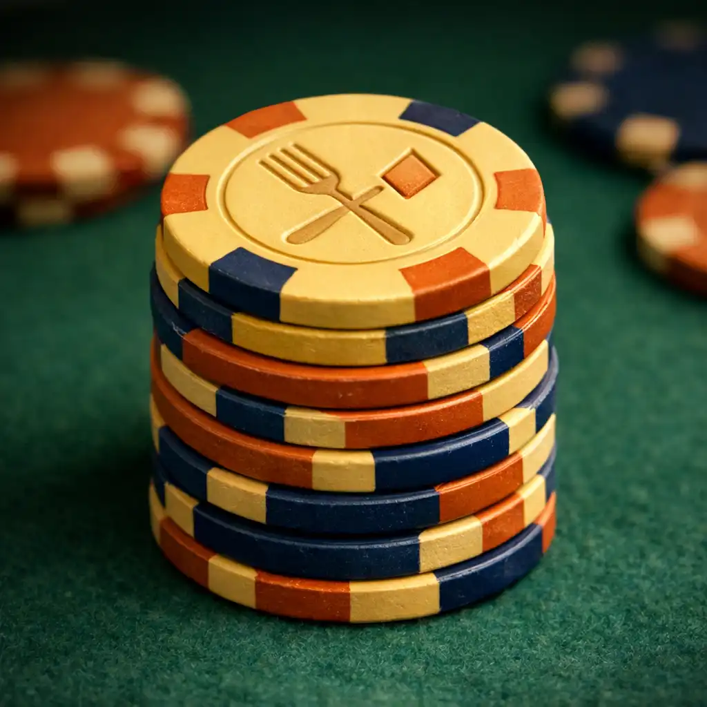 Stack of clay poker chips in butter yellow, burnt orange and midnight blue on a felt surface, embossed with a fork and diamond motif