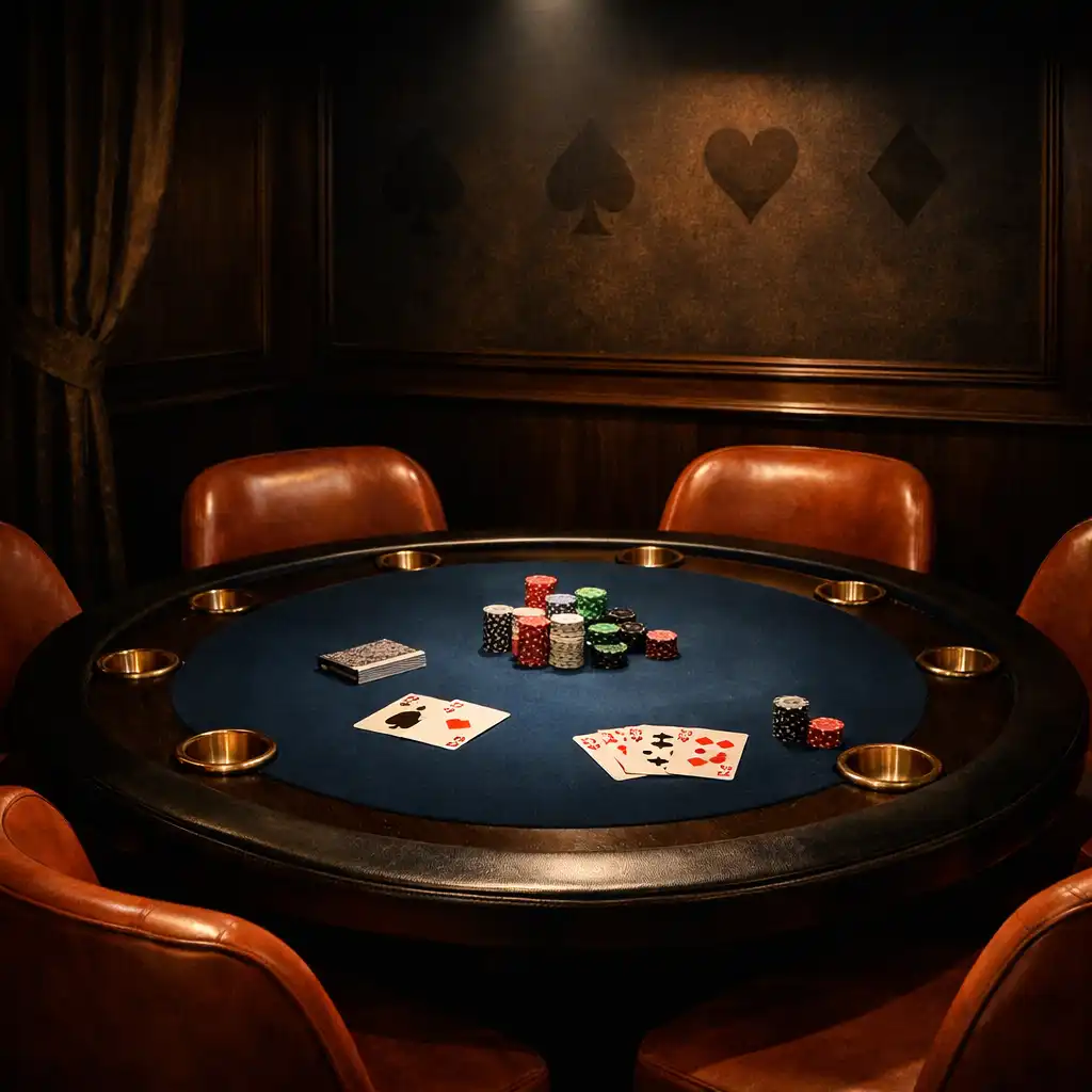 Private poker lounge with midnight-blue felt table and burnt-orange leather chairs
