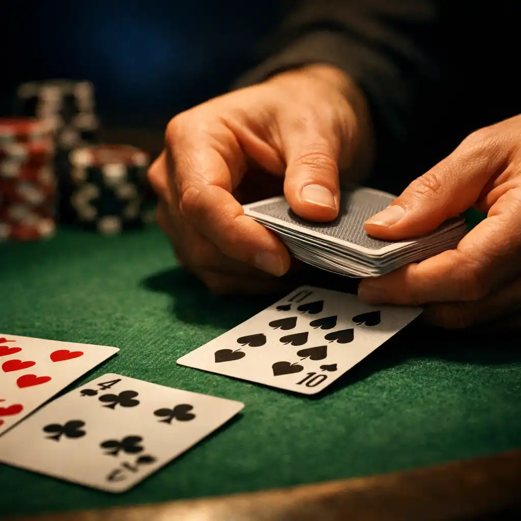 Close-up of hands dealing playing cards on a poker table with chips in the background