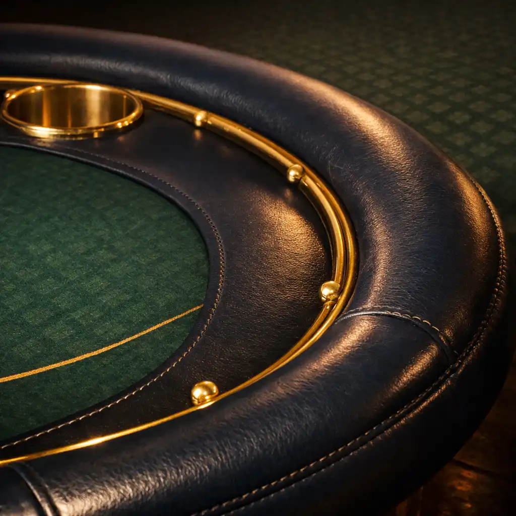 Detail of a Wonderstar s. r. o. poker table edge showing midnight-blue leather rail and brass accents against deep green felt