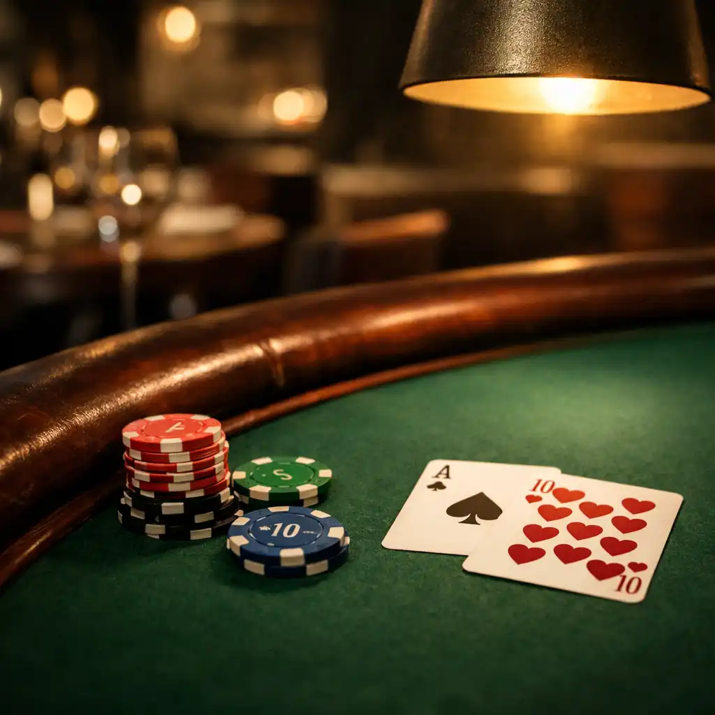 Close-up of a high-end poker table in the dimly lit Wonderstar s. r. o. poker room, showing green felt, a wooden rail, chips and cards under warm pendant light