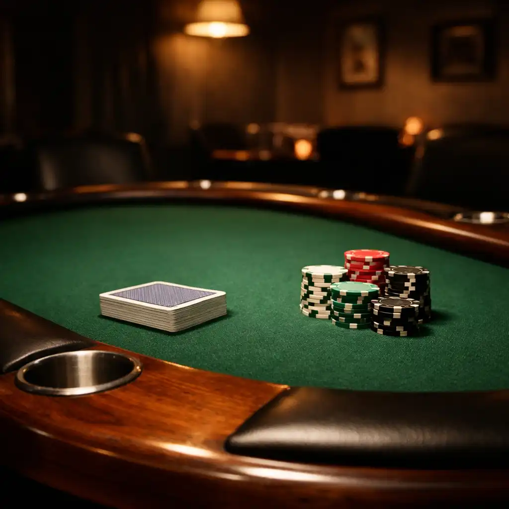 Professional-style poker table with green felt, wooden rail, cards, and chips