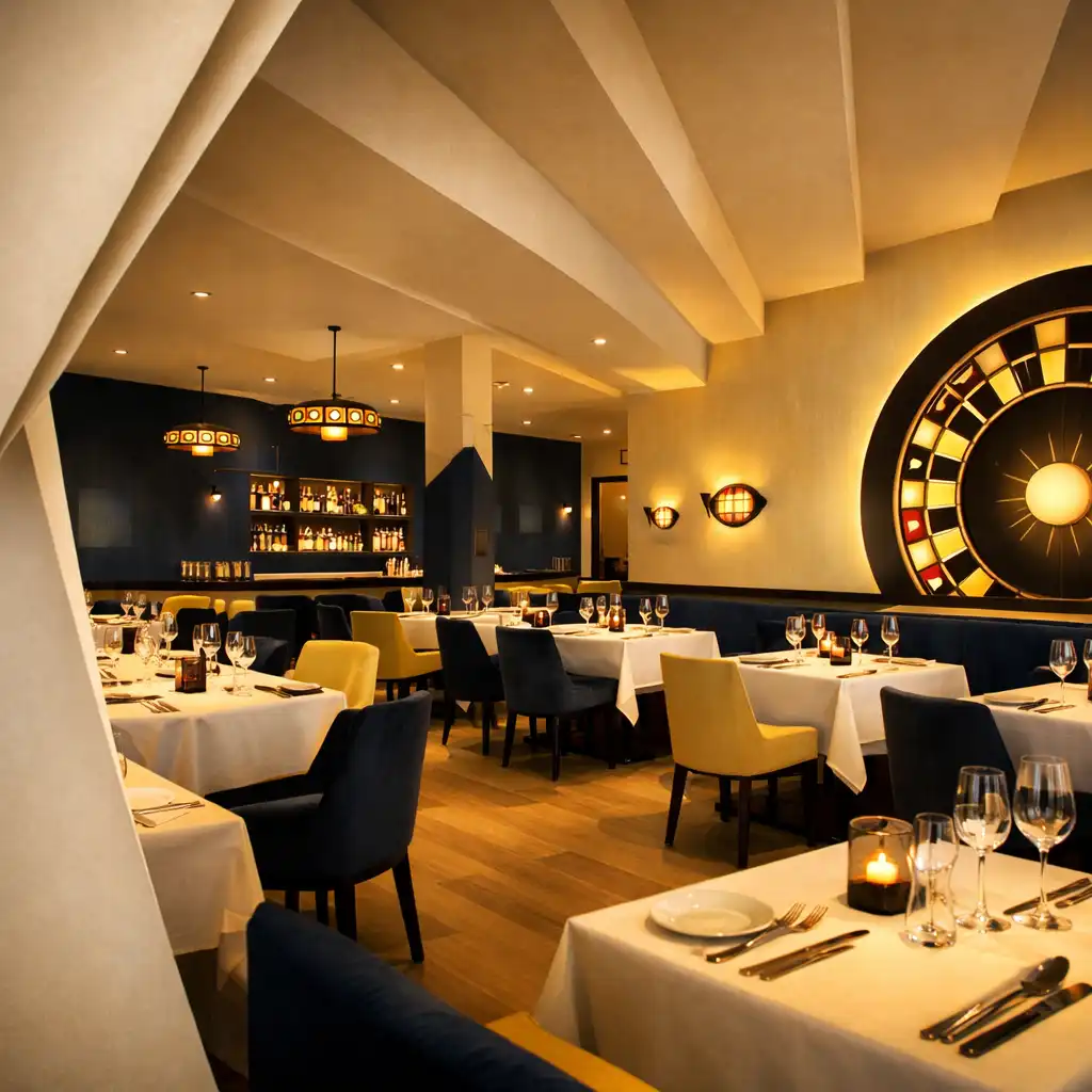 Wide-angle interior of Wonderstar s. r. o. showing warm ivory walls, midnight blue accents, and folded-paper architectural details