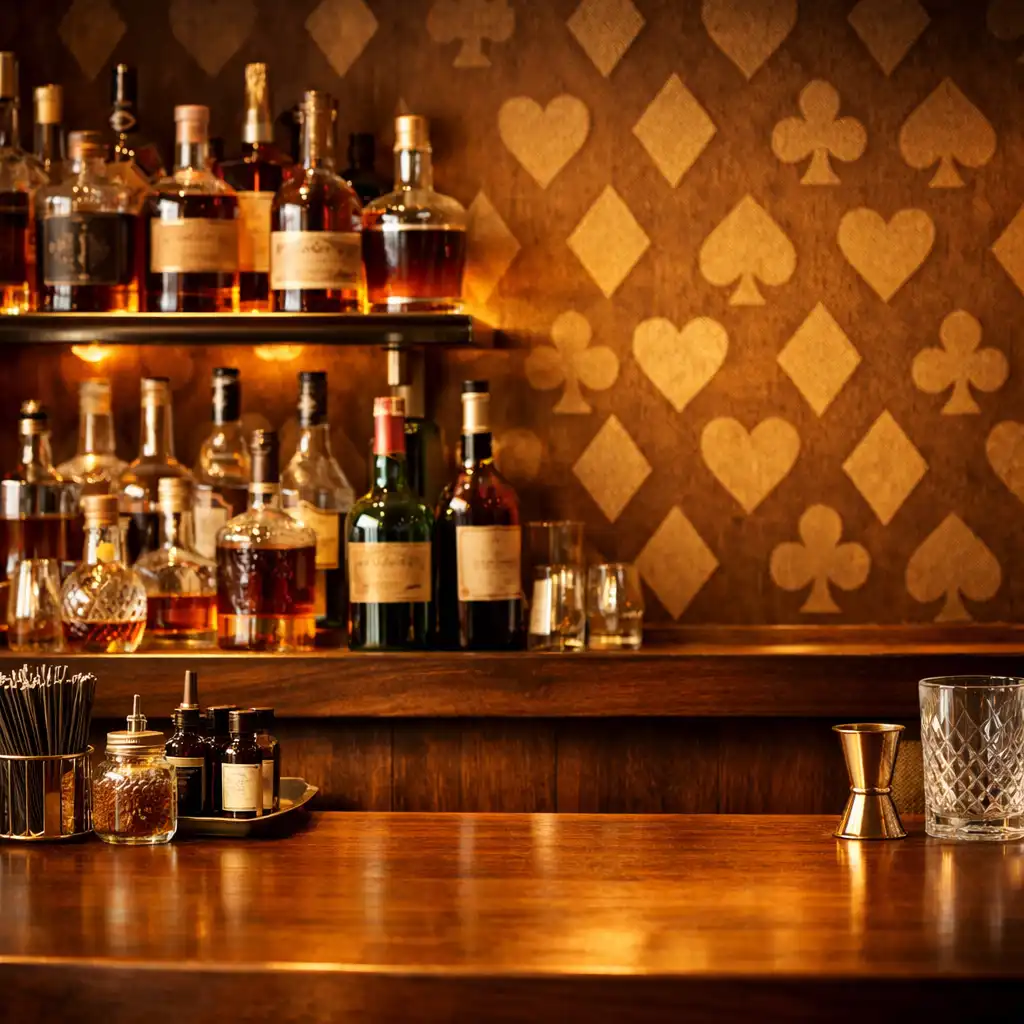 Close-up of the bar area at Wonderstar s. r. o. with a backlit display of spirits and a subtle card-suit pattern