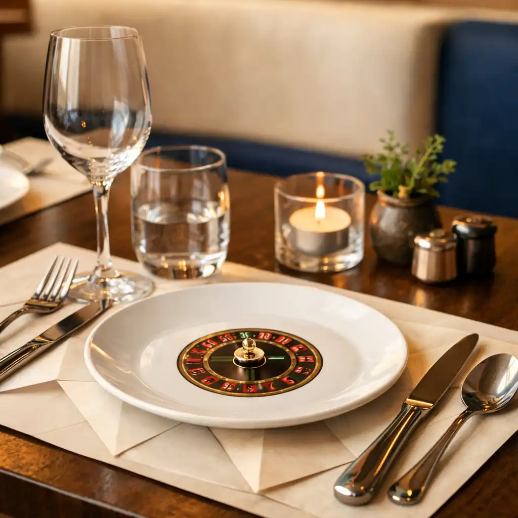Detail of a dining table setting with folded-paper placemats, elegant cutlery, and a small circular roulette-wheel motif on the plate