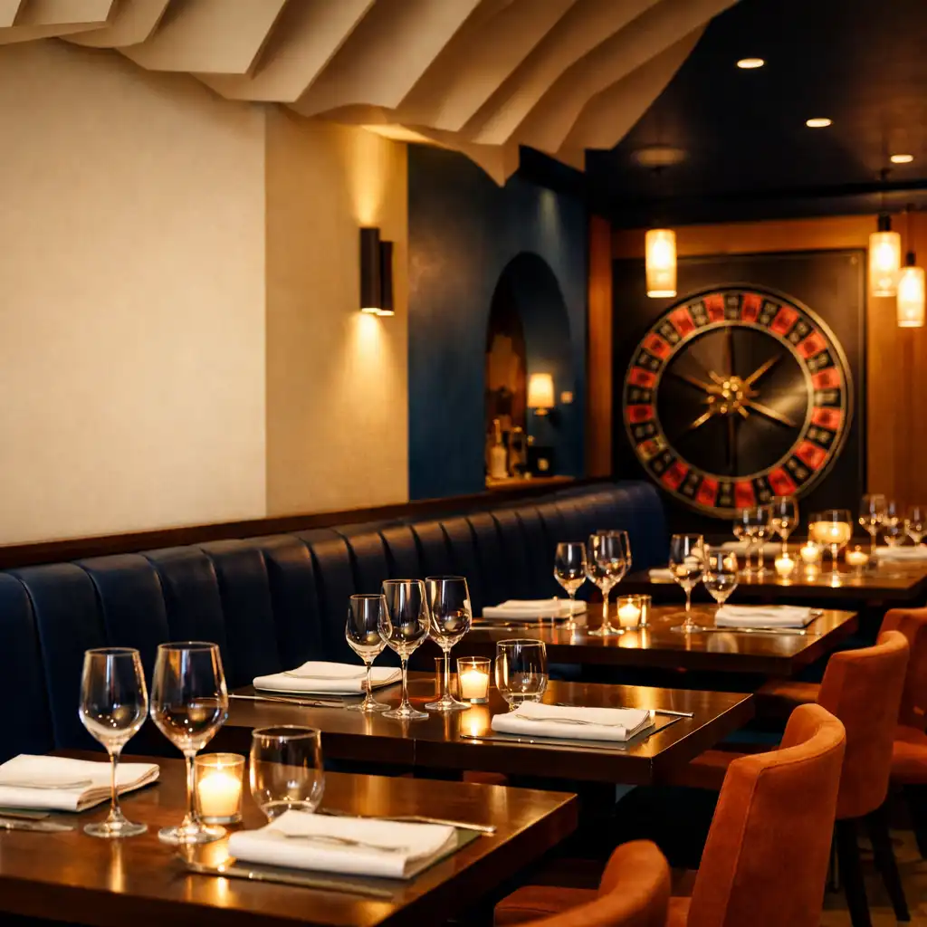 Warm interior of Wonderstar s. r. o. restaurant with elegant dining tables, folded paper architectural details, and subtle roulette wheel motif