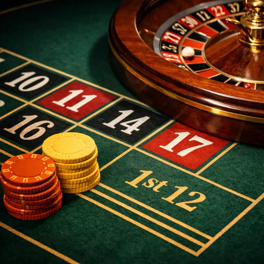 Detail of a roulette table felt with numbered layout and entertainment chips