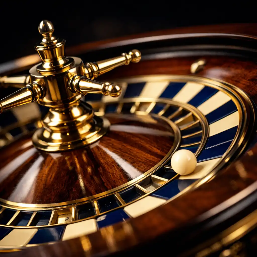 Close-up of a roulette wheel with the ball, set against a dark background